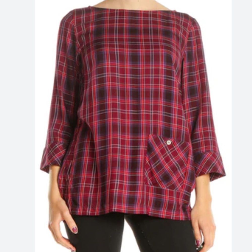 NWT J. Jill Red Plaid Tartan Boat Neck Tunic Blouse Size Small